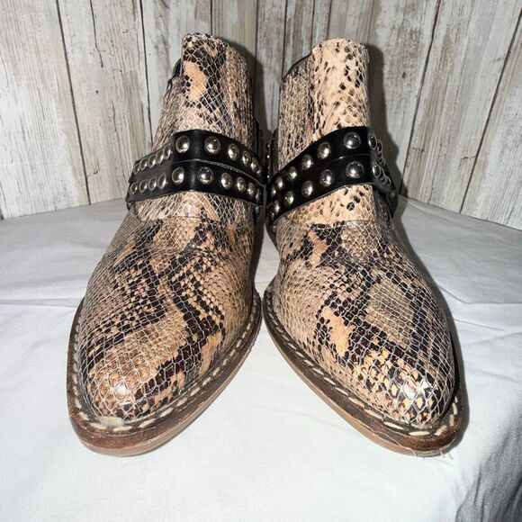 Green & Black Snakeskin Studded Harness Ankle Boots | Western Boho Rocker Bootie - Picture 9 of 13